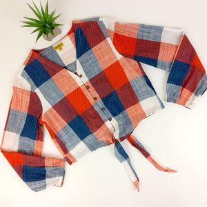 globaldesi Checkered Tie Crop Top Made in India S